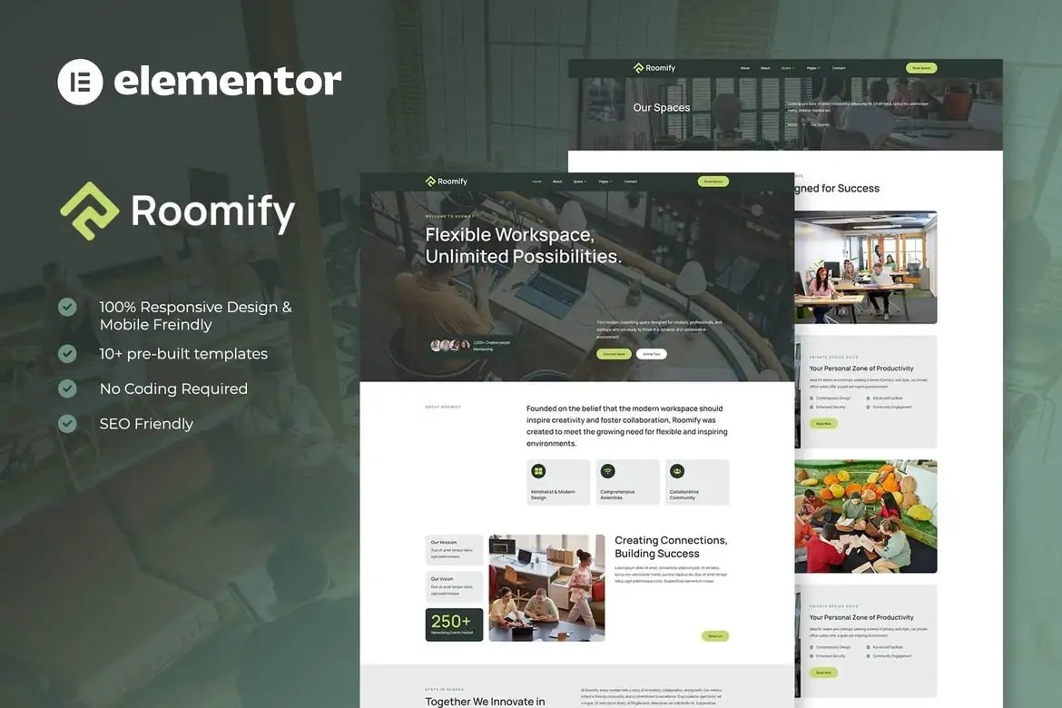 Roomify - Kit de plantillas Creative Space Elementor para coworking