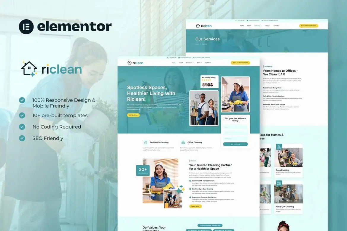 Riclean - Kit de plantillas Elementor para empresas de servicios de limpieza
