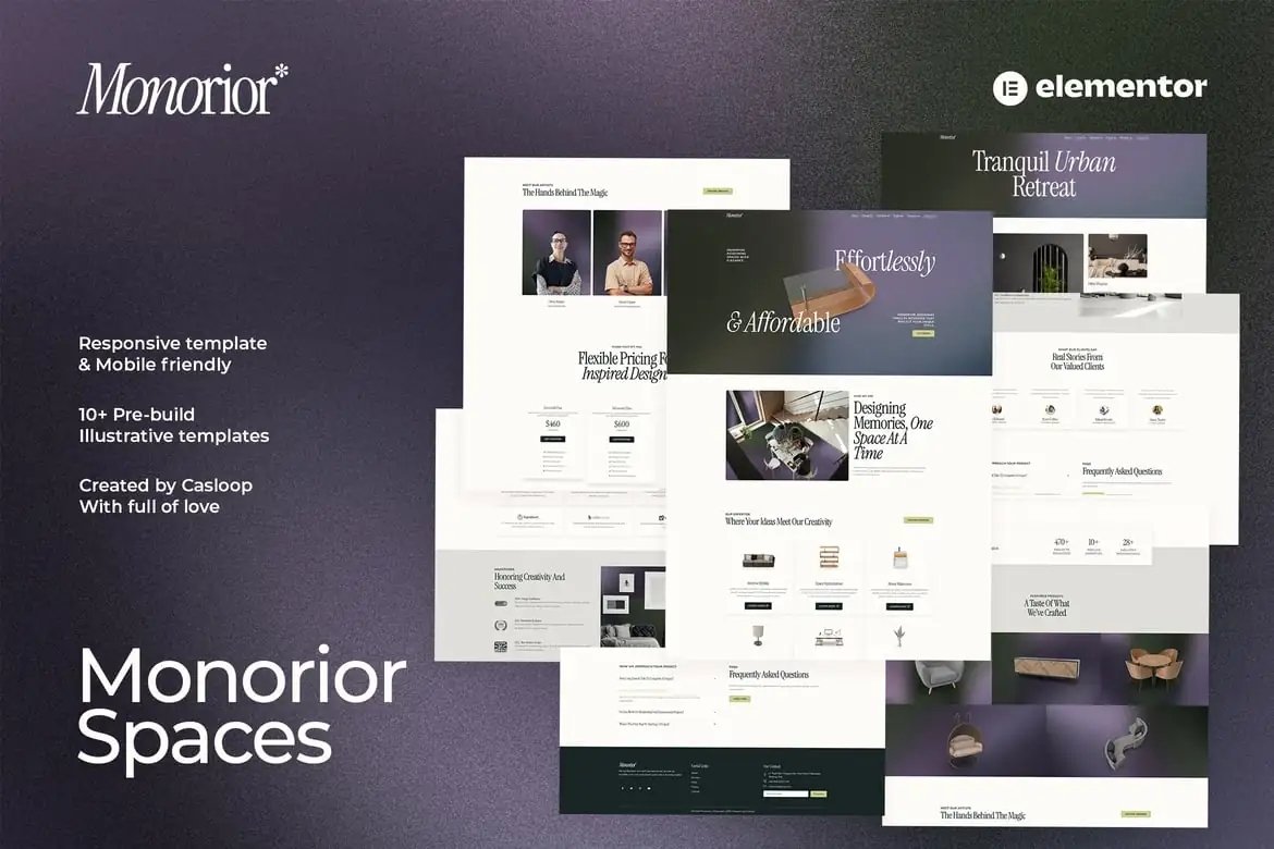 Monorior Space - Kit de plantillas Elementor para interiores degradados