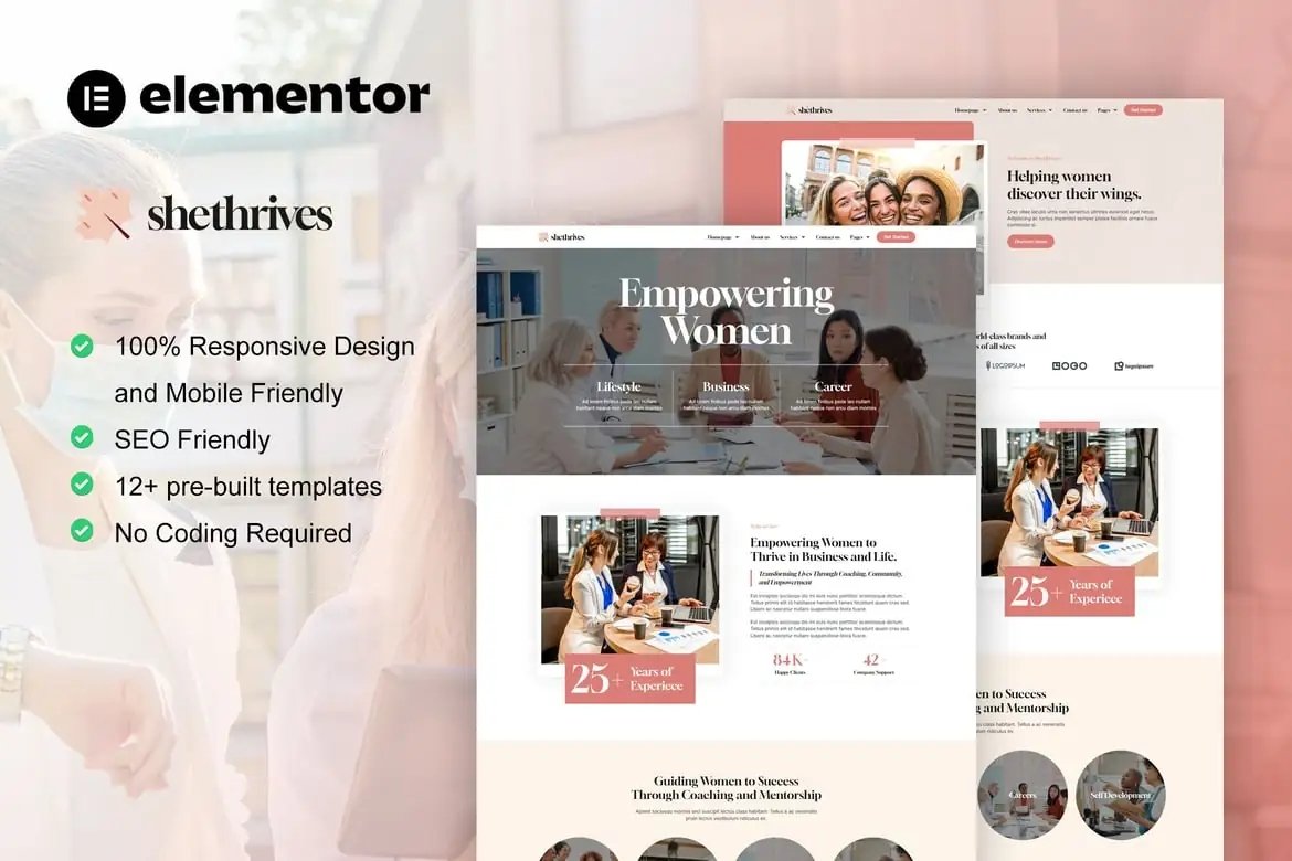 SheThrives - Kit de plantillas Elementor Pro para negocios femeninos