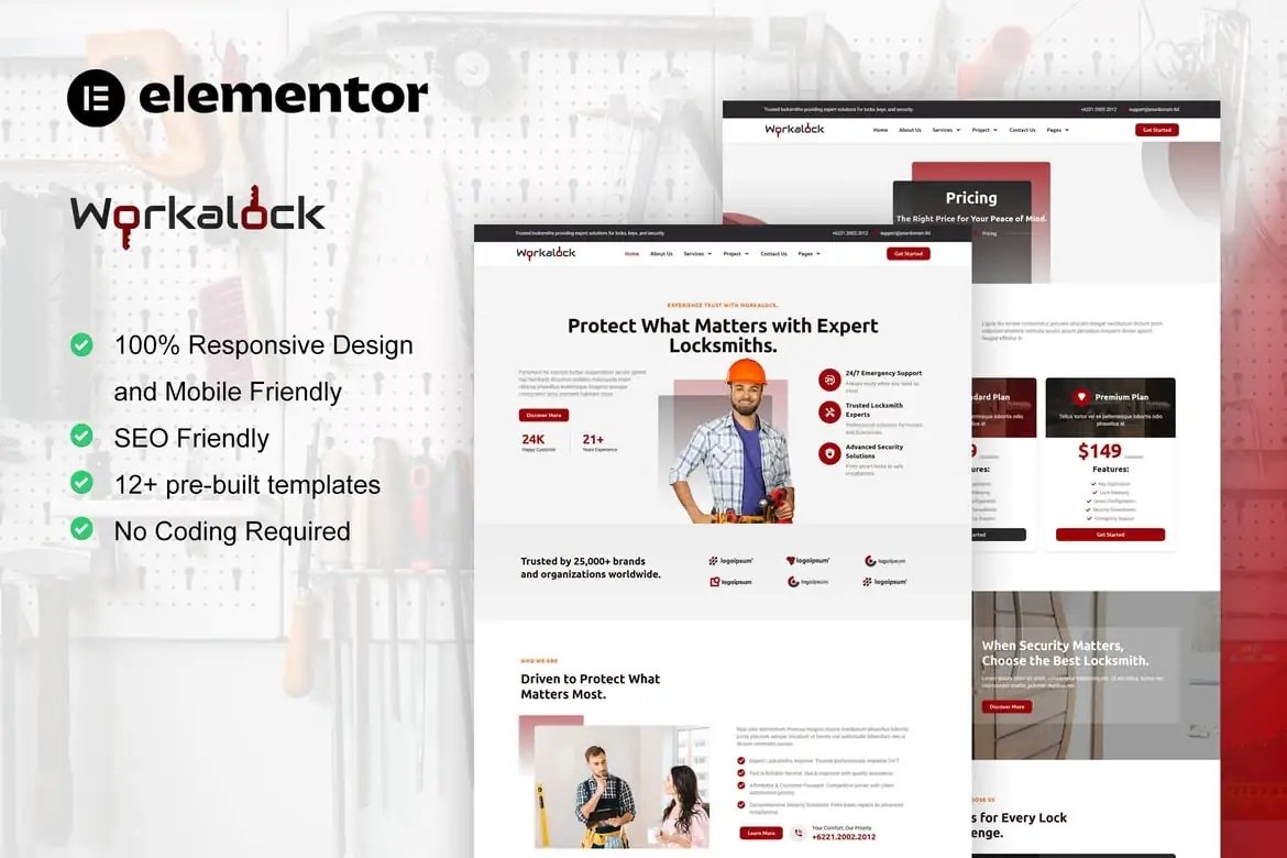 WorkaLock - Kit de plantillas Elementor Pro para servicio de cerrajería y fabricante de llaves