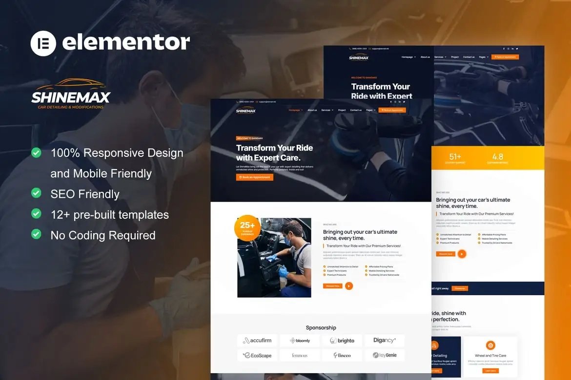 ShineMax - Kit de plantillas Elementor Pro para servicios de reparación y detallado de automóviles
