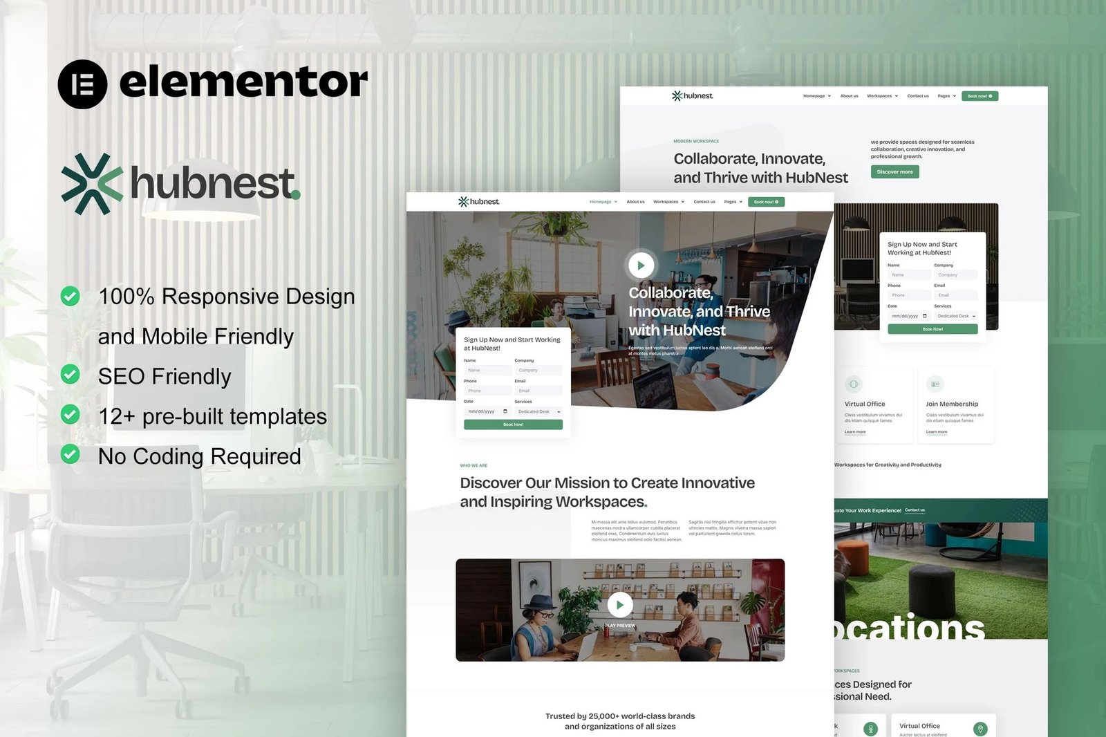 Hubnest - Kit de plantillas Elementor Pro para espacios de coworking y oficinas virtuales