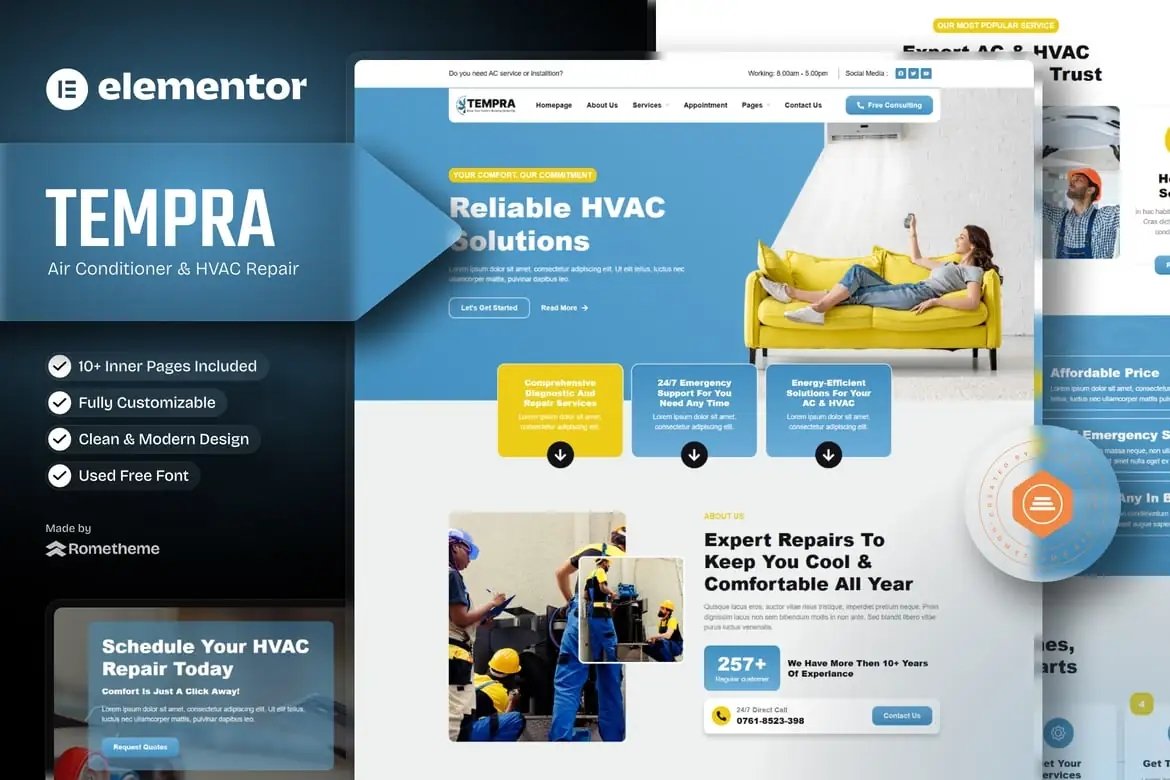Tempra - Kit de plantillas Elementor para reparación de aire acondicionado y HVAC