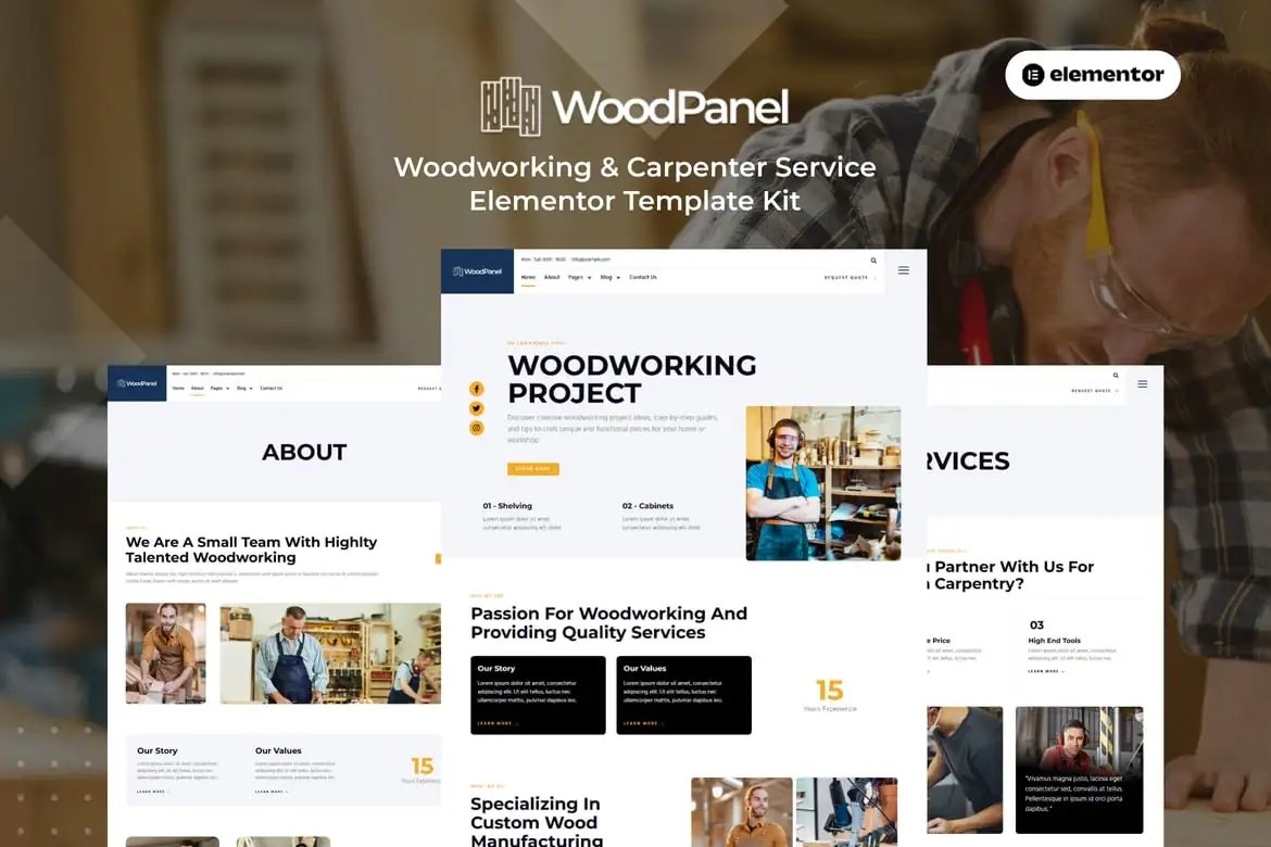 Woodpanel - Kit de plantillas Elementor Pro para el servicio de carpintería y carpintería