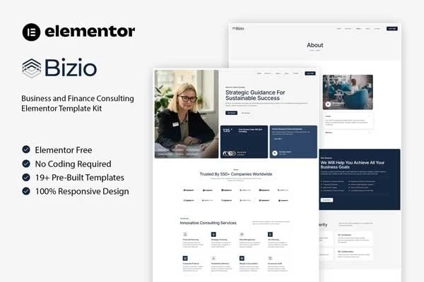 Bizio - Kit de plantillas Elementor para consultoría empresarial y financiera