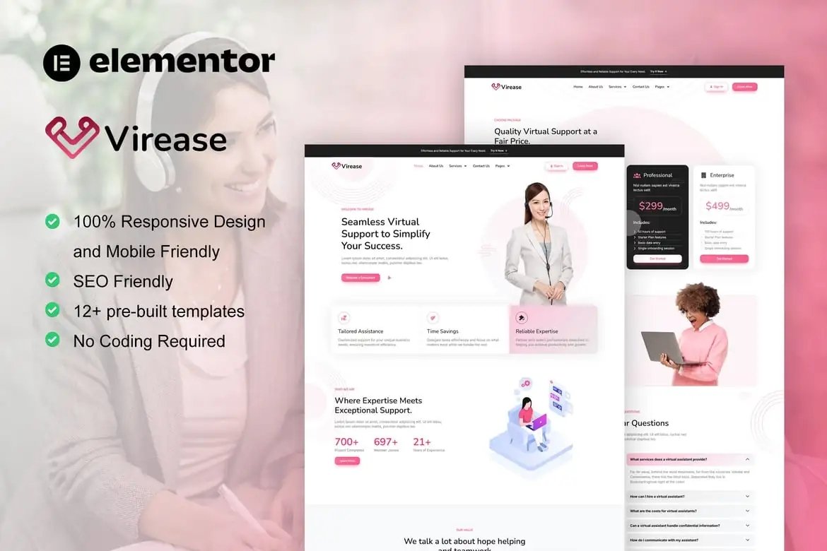 Virease - Kit de plantillas Elementor Pro para el servicio de asistente virtual