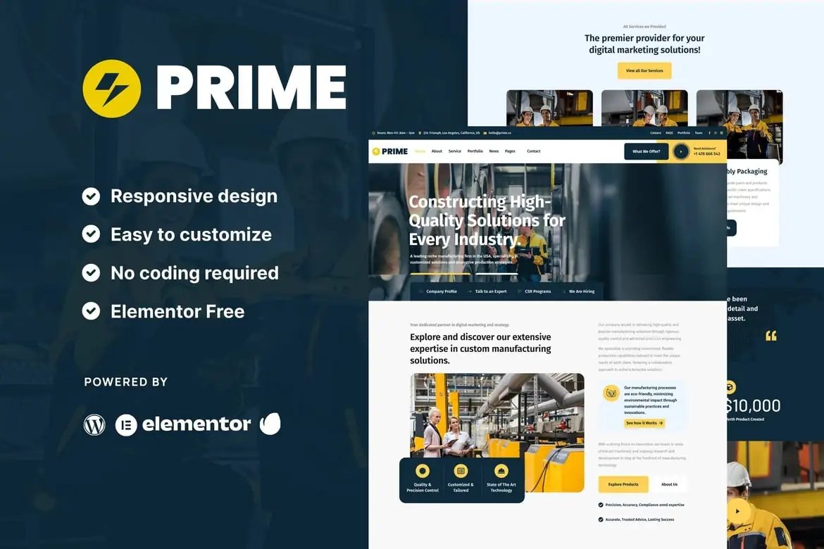 Prime - Kit de plantillas Elementor para la industria y la fabricación