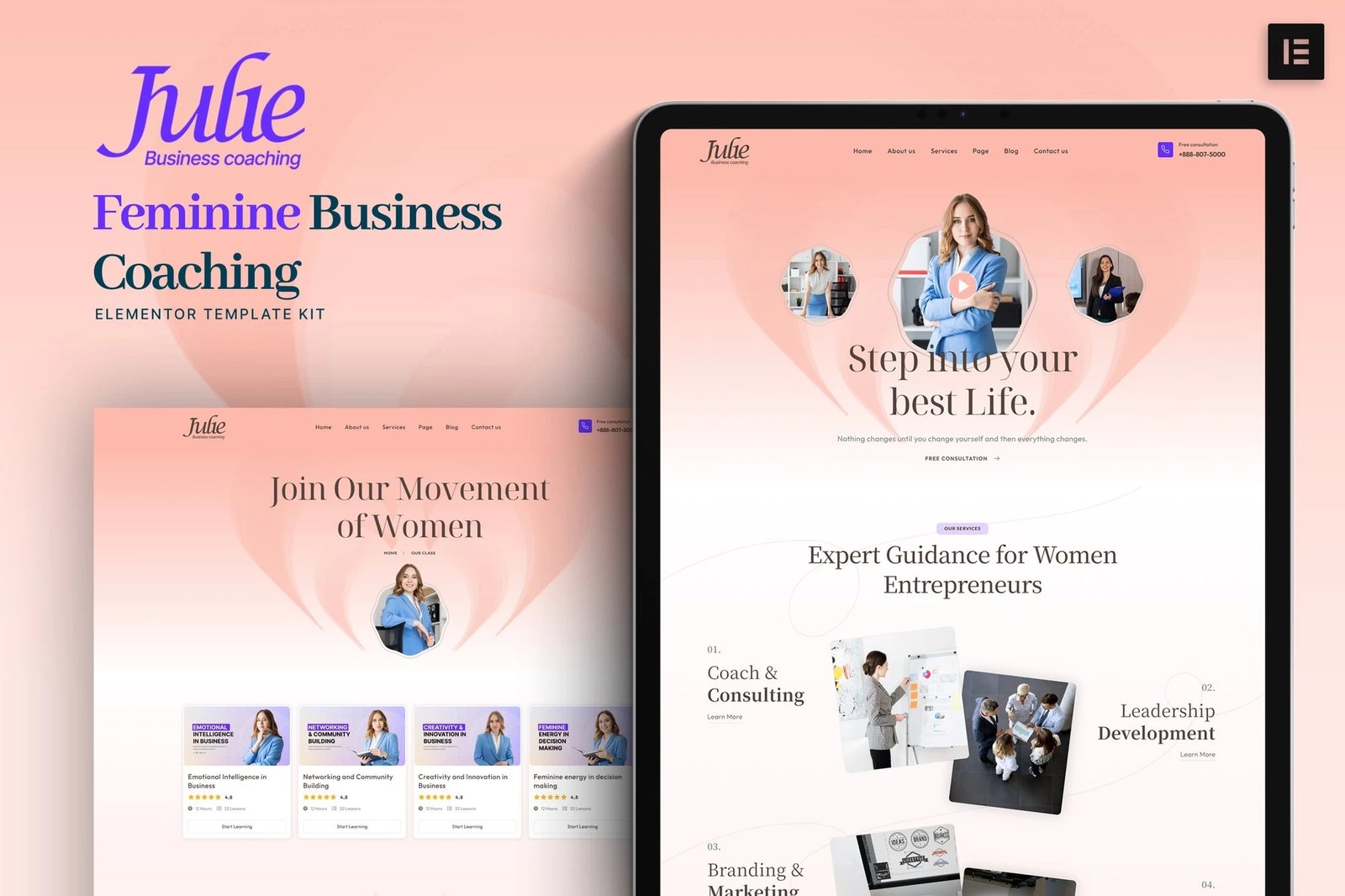 Julie - Kit de plantillas Elementor para coaching empresarial femenino