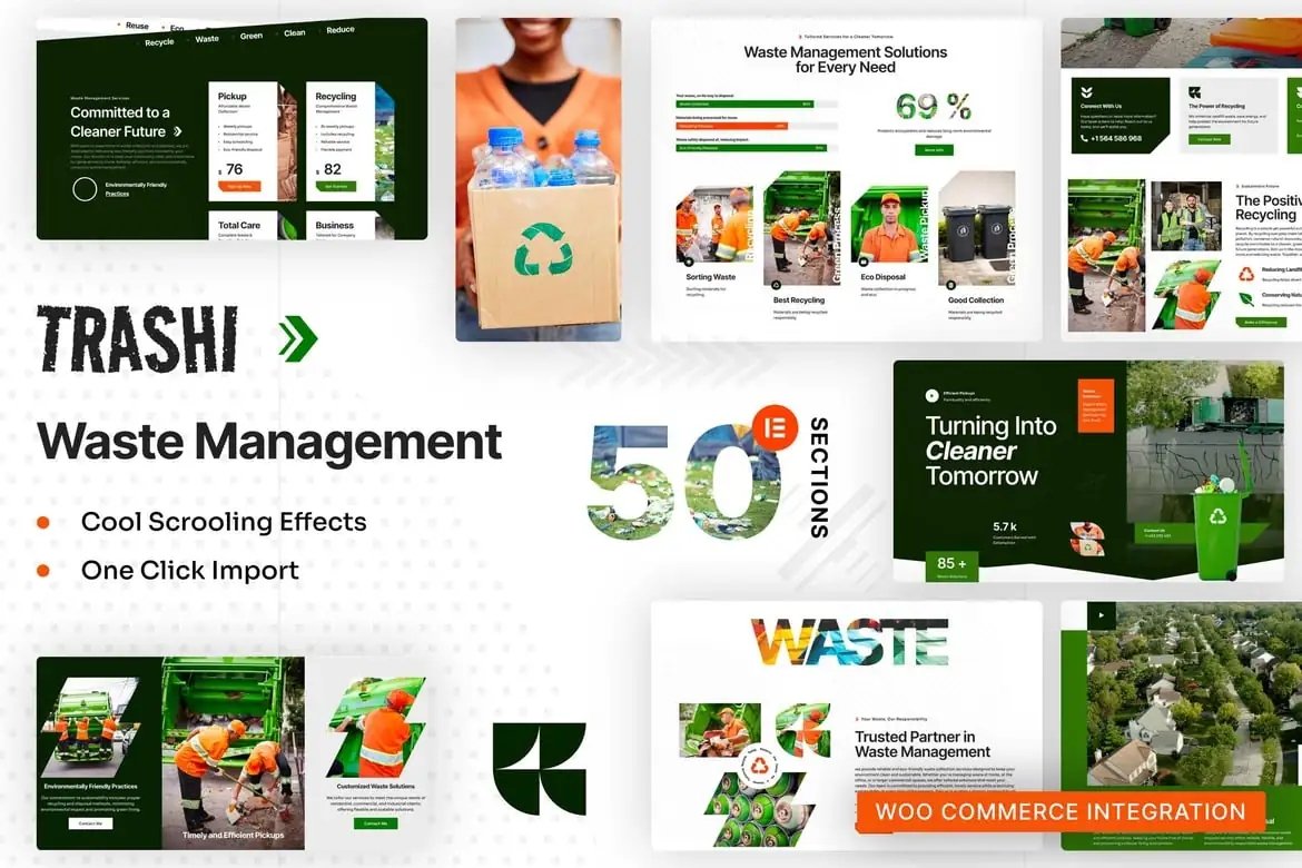 Trashi - Kit de plantillas Elementor Pro para gestión y reciclaje de residuos