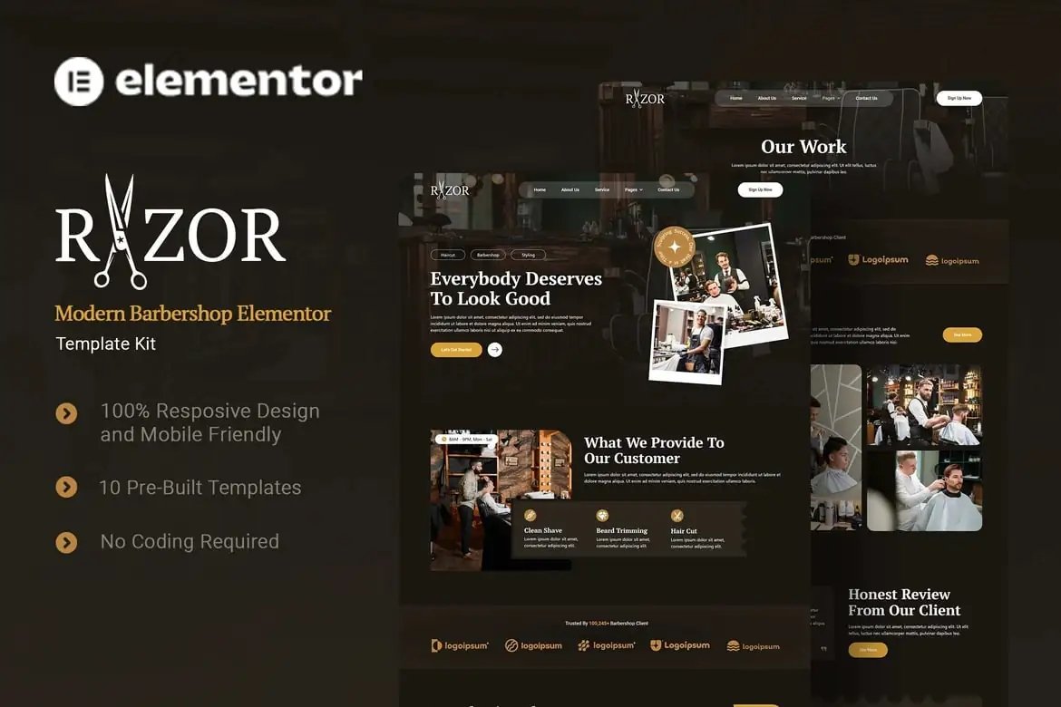Razor - Kit de plantillas Elementor para barbershop moderno