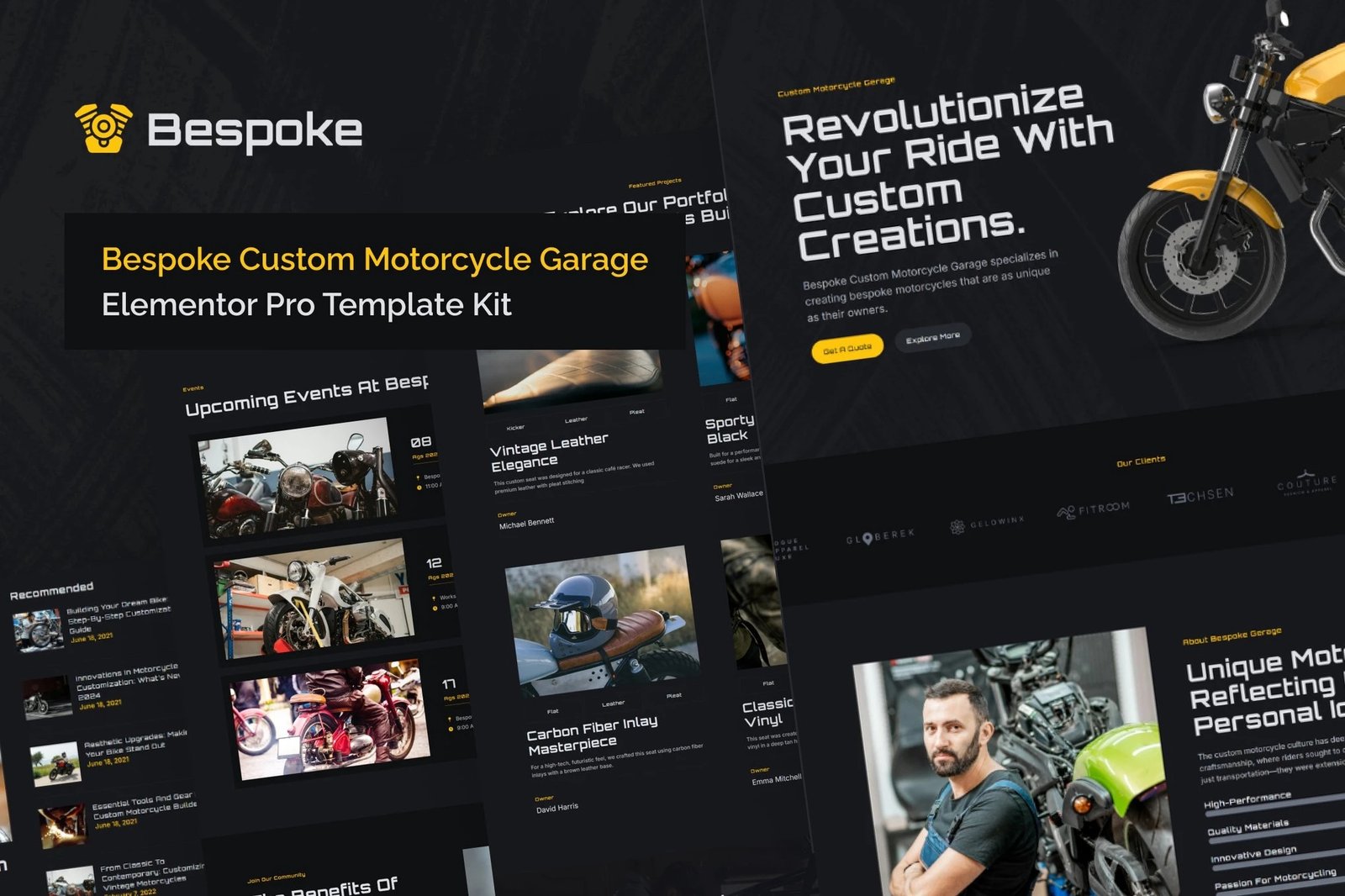 Bespoke - Kit de plantillas Elementor Pro personalizadas para garaje de motocicletas