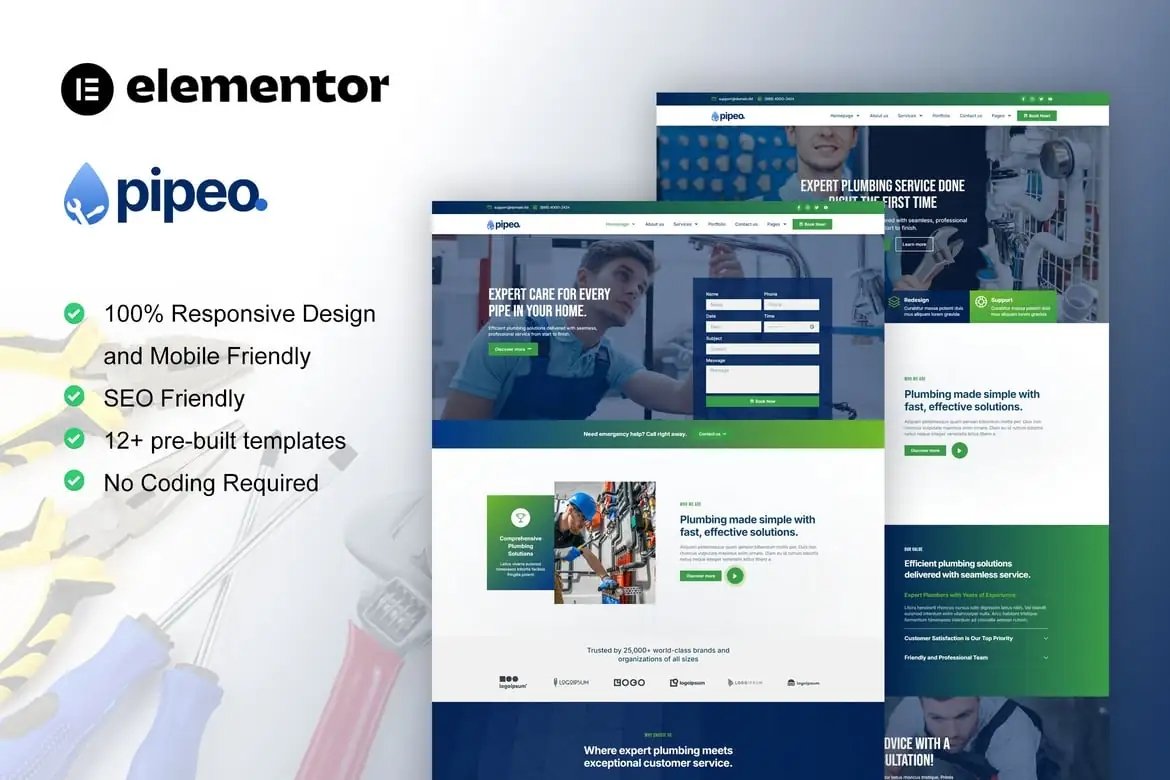 Pipeo - Kit de plantillas Elementor Pro para servicio de fontanería