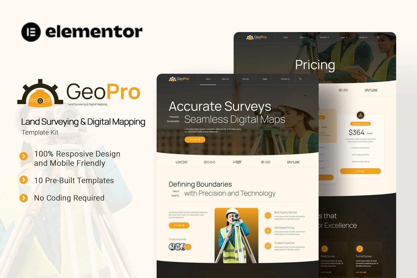 Geopro - Kit de plantillas Elementor para topografía terrestre y cartografía digital