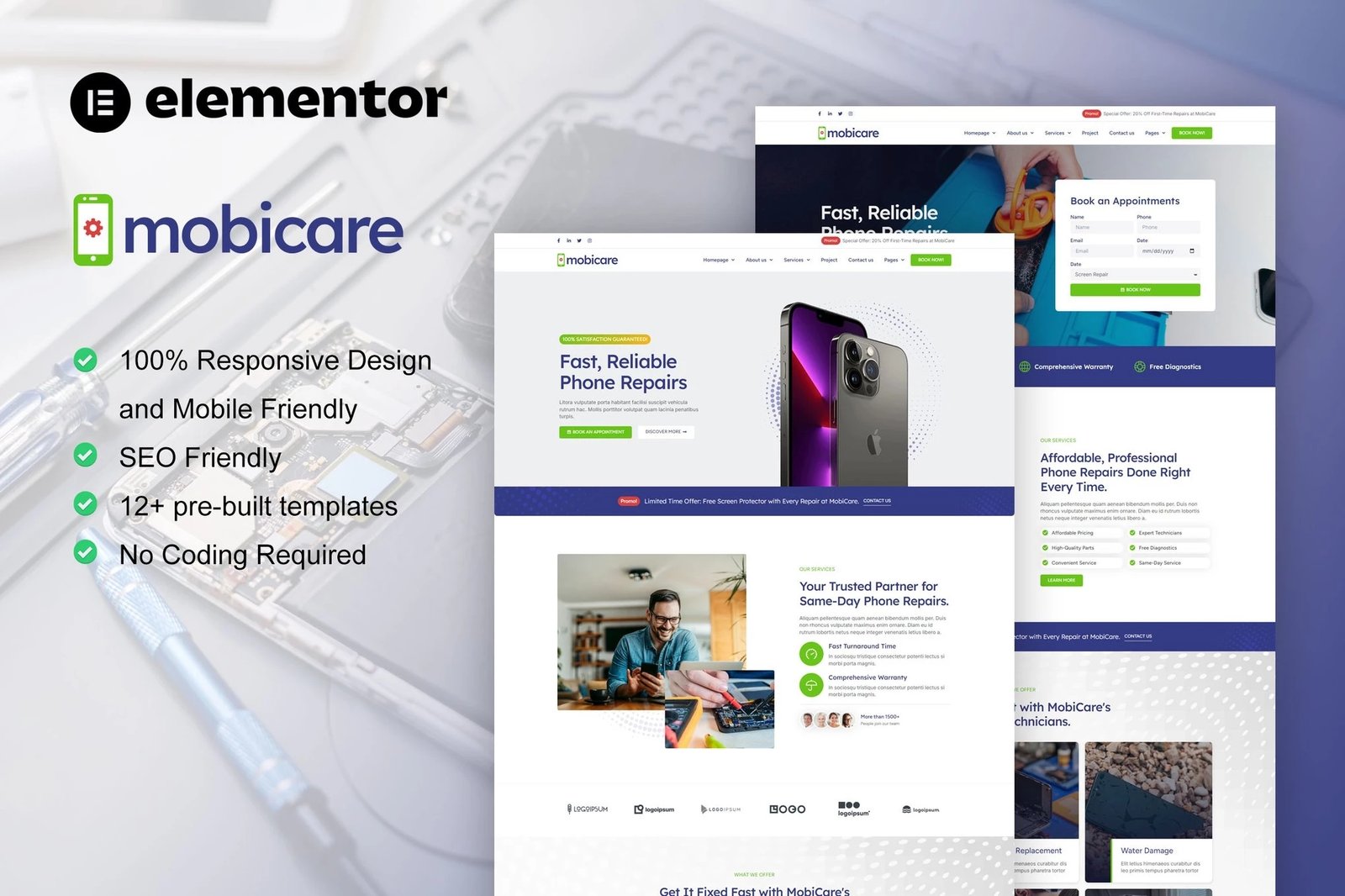 MobiCare - Kit de plantillas Elementor Pro para reparación de teléfonos móviles y computadoras