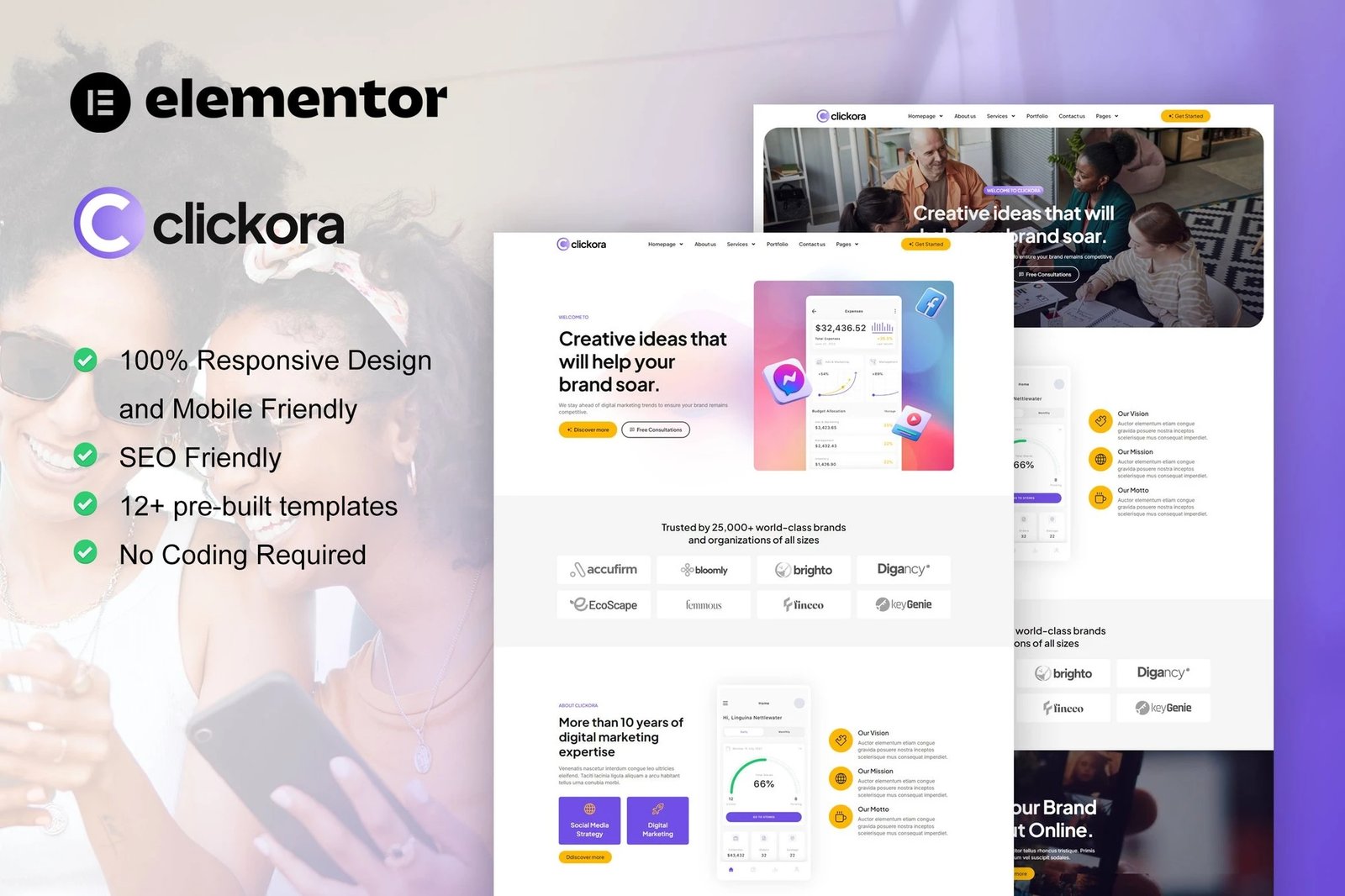 Clickora - Kit de plantillas Elementor para agencias de marketing digital