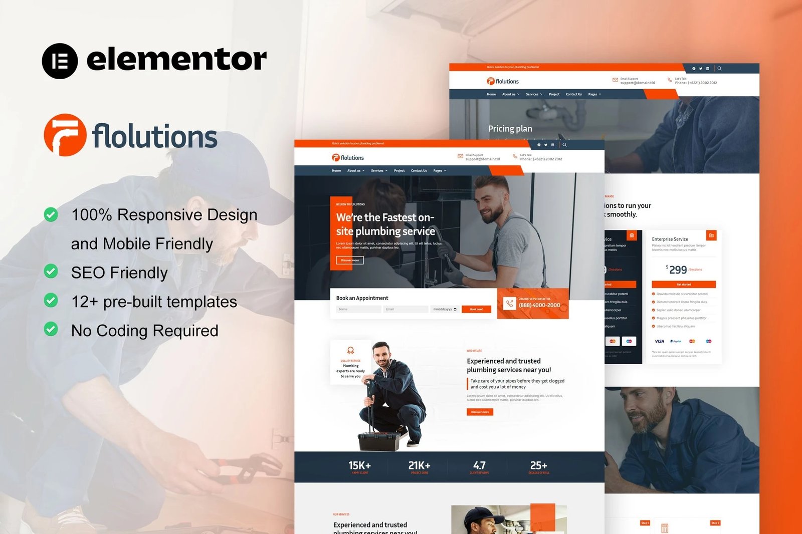 Flolution - Kit de plantillas Elementor para servicios de plomería y reparación