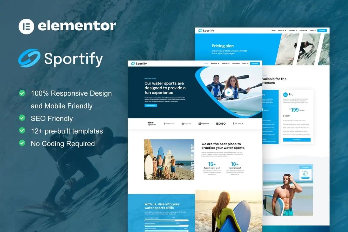 Sportify - Kit de plantillas Elementor Pro para deportes acuáticos y surf