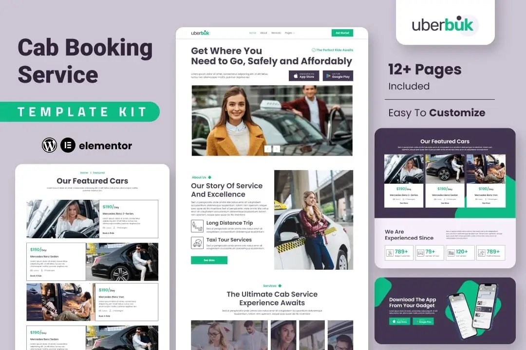 Uberbuk Kit de plantillas Elementor para compañías de taxis y servicios de taxis en línea