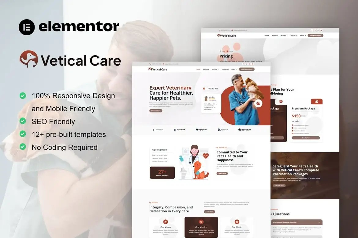 VeticalCare - Kit de plantillas Elementor Pro para el cuidado veterinario y de mascotas