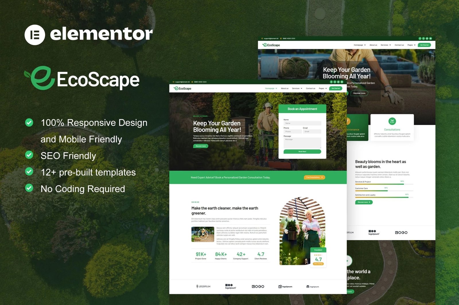 EcoScape - Kit de plantillas Elementor Pro para jardinería y paisajismo