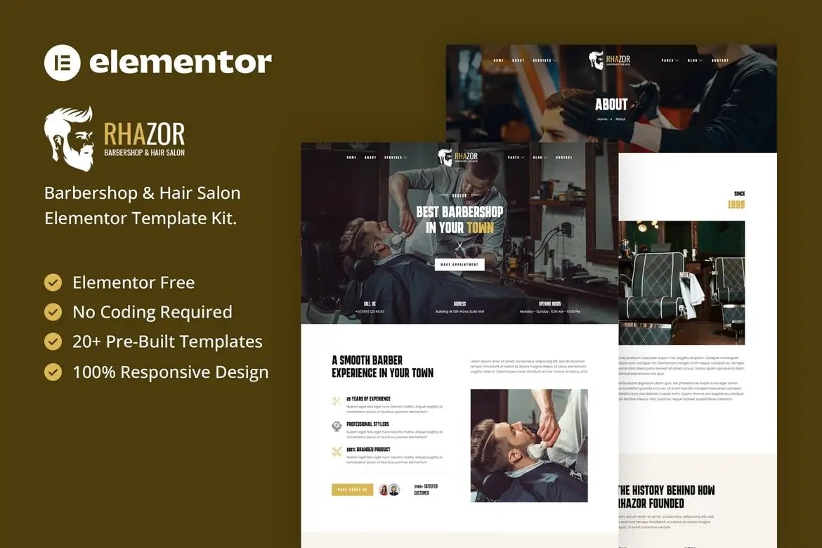 Rhazor - Kit de plantillas Elementor para barbería y peluquería