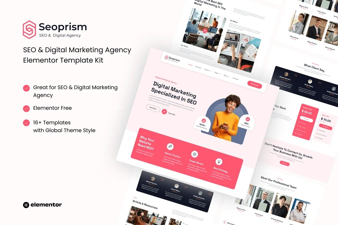 Seoprism - Kit de plantillas Elementor para agencias digitales y SEO