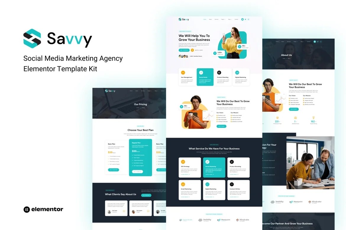 Savvy Kit de plantillas Elementor para agencia de marketing en redes sociales