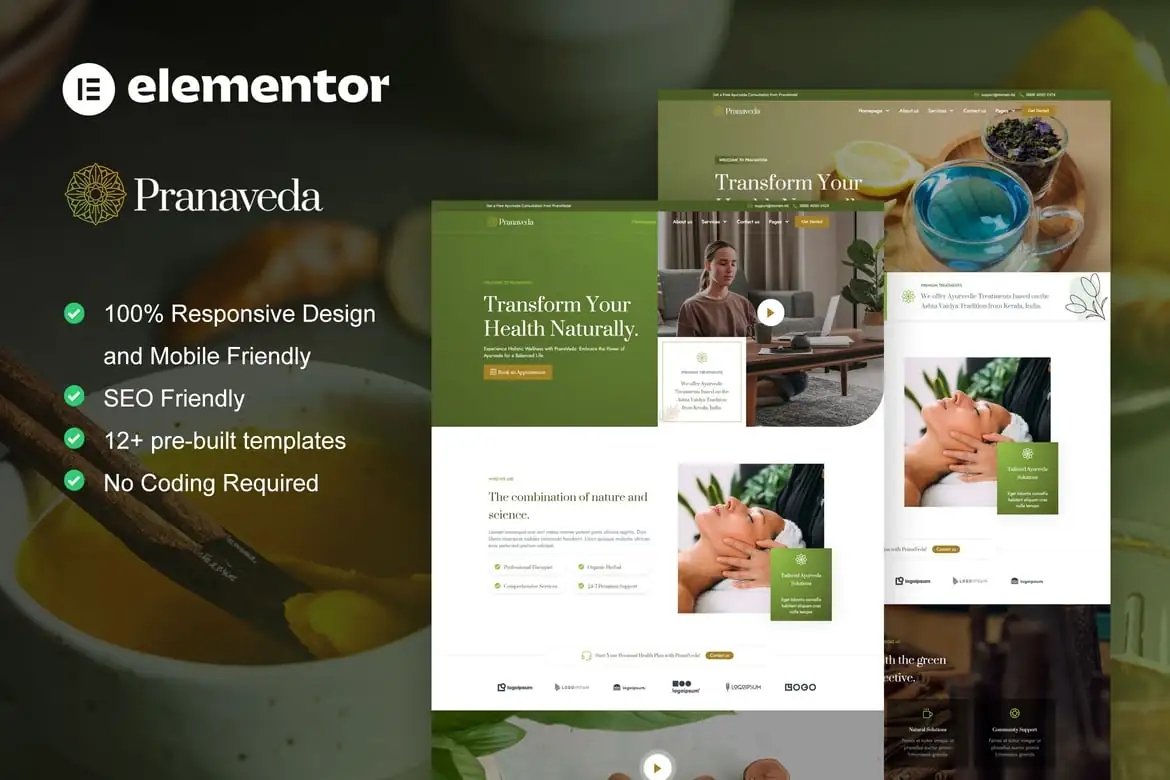PranaVeda - Kit de plantillas Elementor Pro para tratamientos ayurvédicos y spa