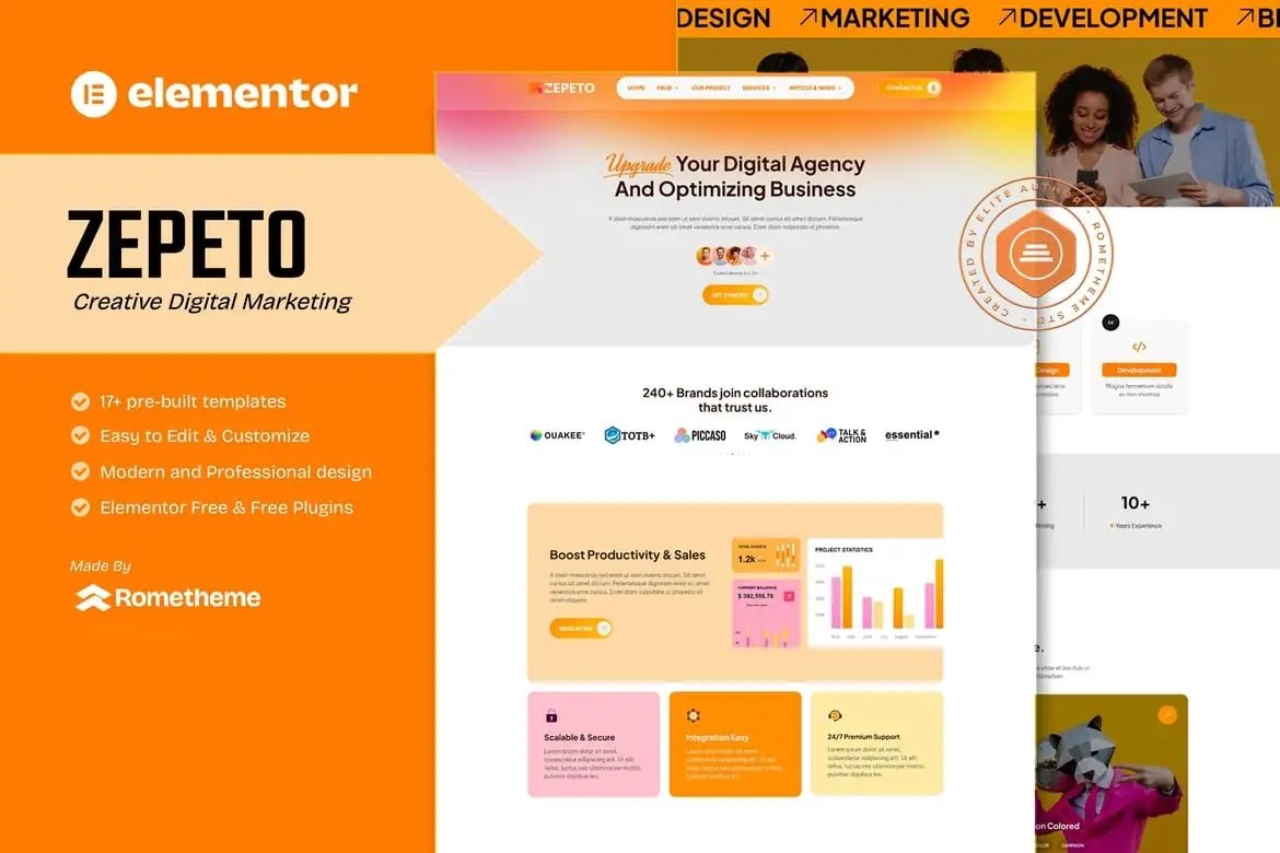Zepeto - Kit de plantillas Elementor para marketing digital creativo