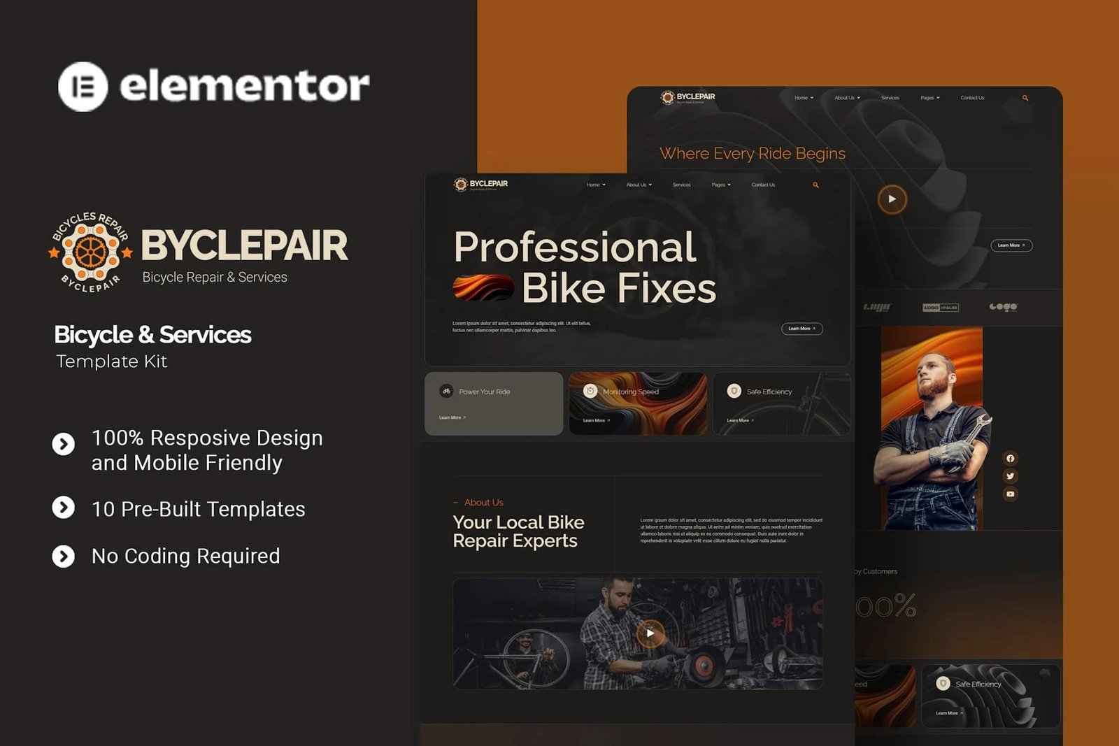 Byclepair - Kit de plantillas Elementor para bicicletas y servicios