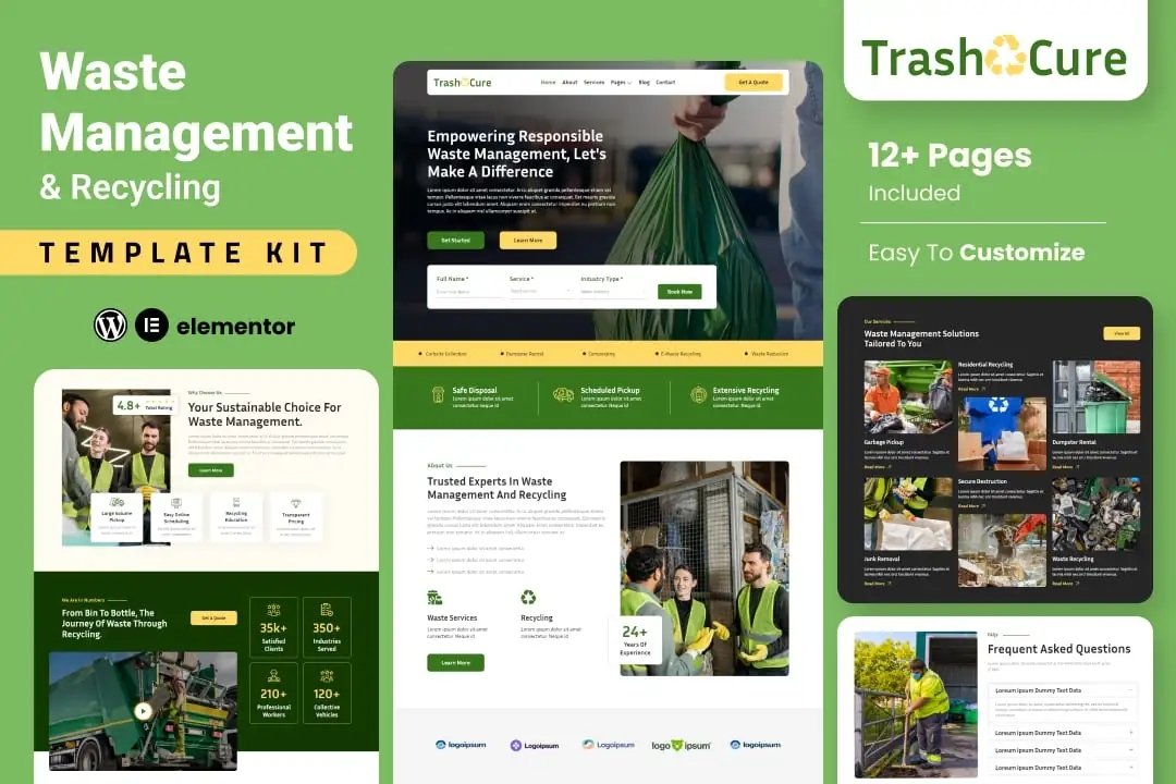 Trashcure Kit de plantillas Elementor para el servicio de gestión de residuos y reciclaje