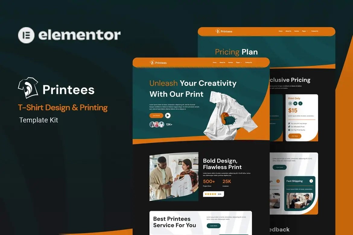 Printees - Kit de plantillas Elementor para diseño e impresión de camisetas