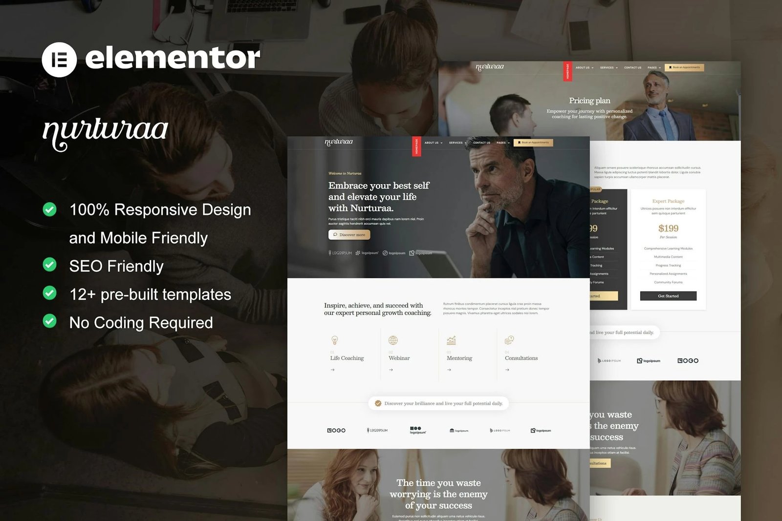 Nurturaa - Kit de plantillas Elementor Pro para coach de vida y motivador