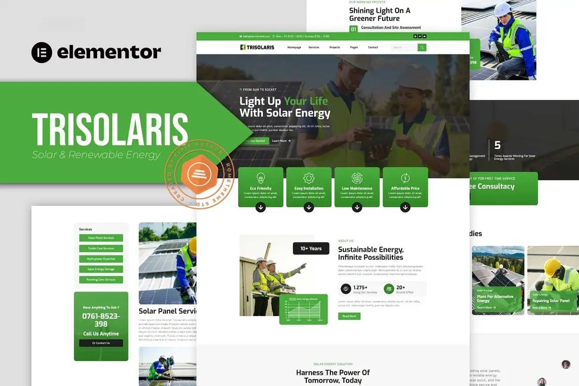 Trisolaris - Kit de plantillas Elementor para energía solar y renovable