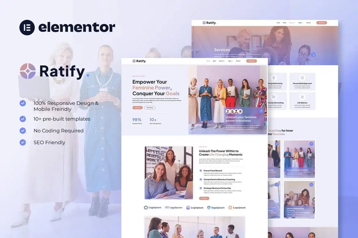 Ratify - Kit de plantillas Elementor para coaching empresarial femenino
