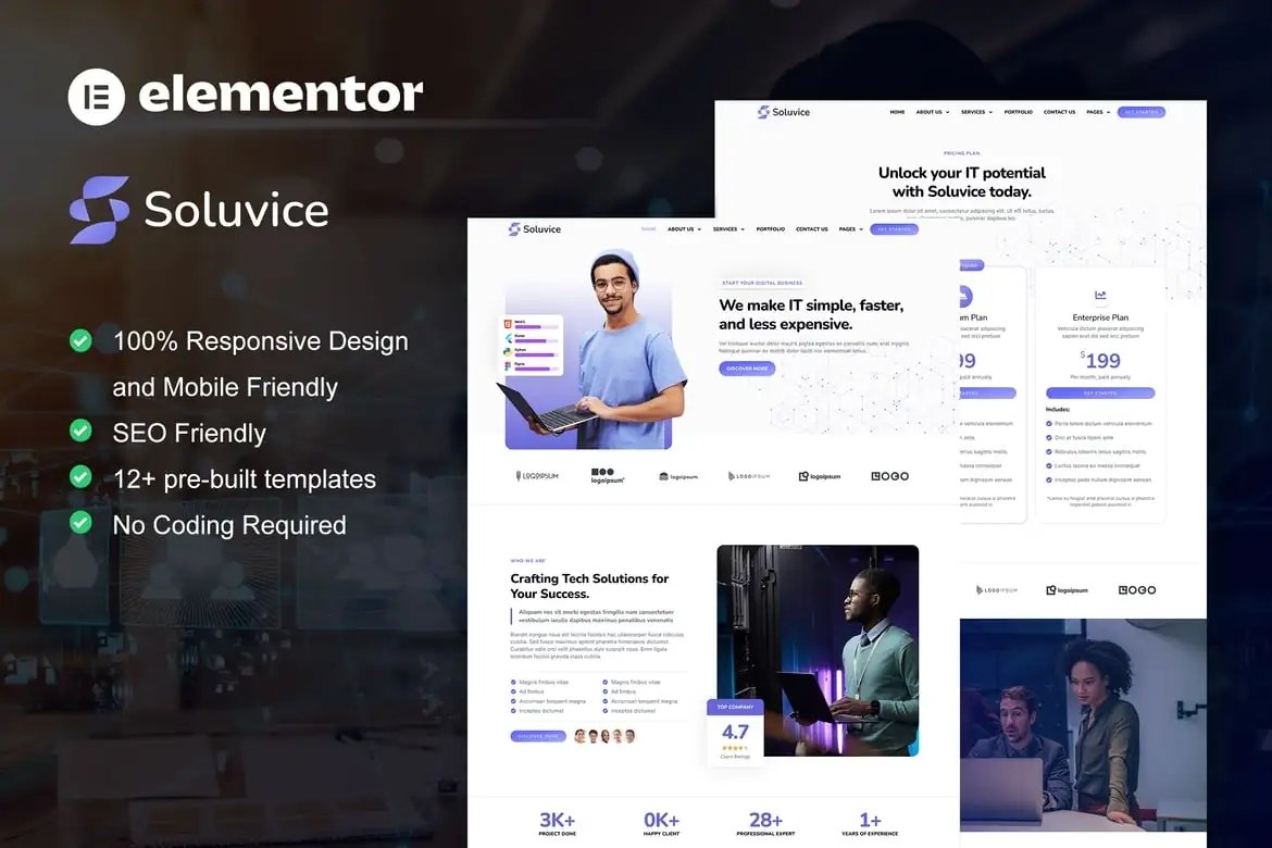 Soluvice - Kit de plantillas Elementor Pro para una empresa de soluciones y servicios de TI