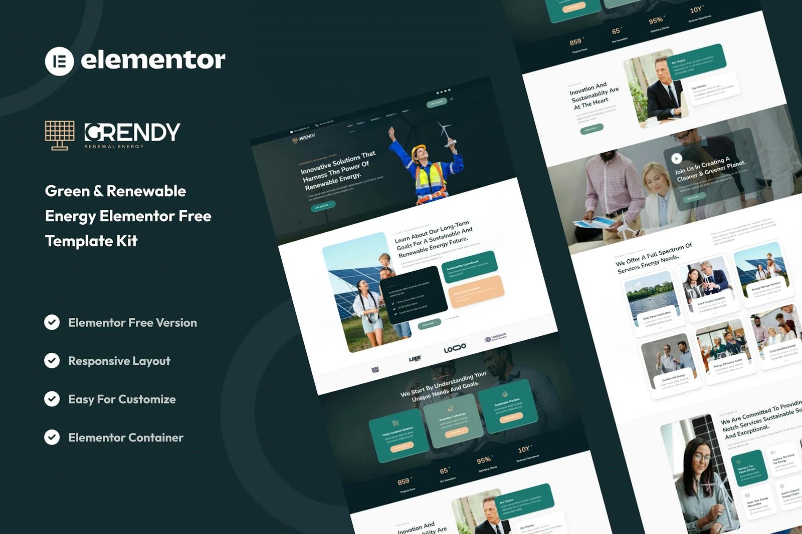 Grendy - Kit de plantillas Elementor para soluciones de energía verde y renovable