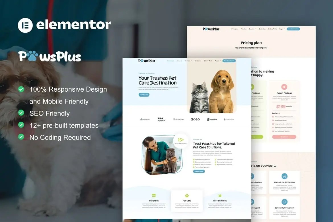 PawsPlus - Kit de plantillas Elementor para cuidado de mascotas y veterinaria