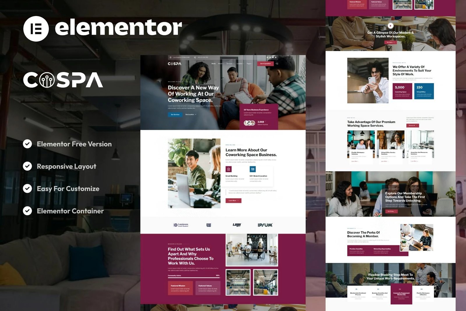Cospa - Kit de plantillas Elementor para espacios de coworking y oficinas virtuales