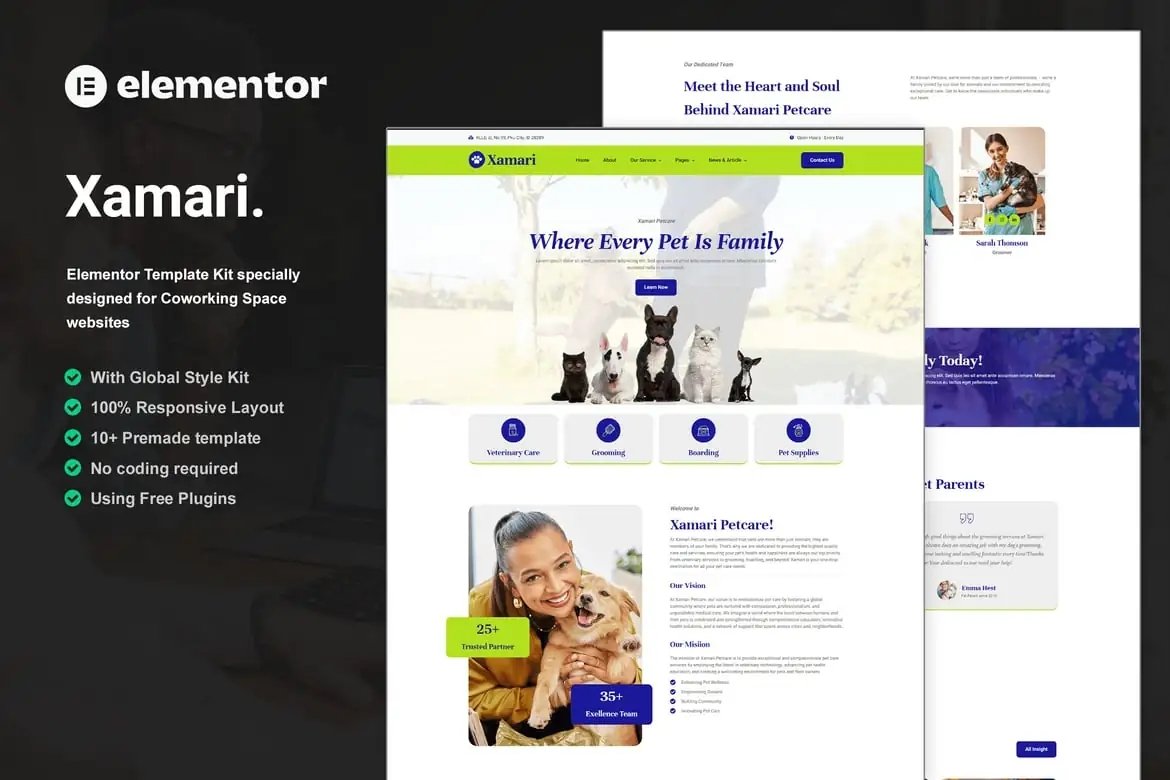 Xamari - Kit de plantillas Elementor para servicios de cuidado de mascotas