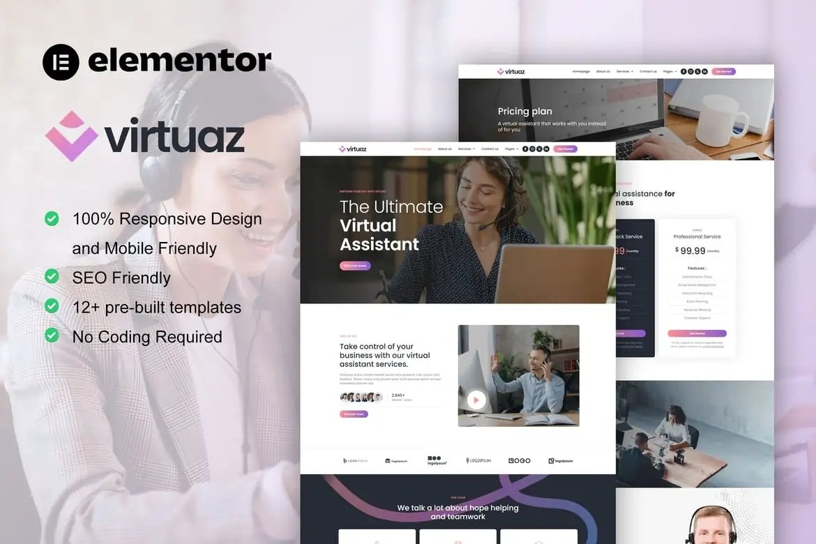 Virtuaz - Kit de plantillas de asistente virtual para empresas Elementor