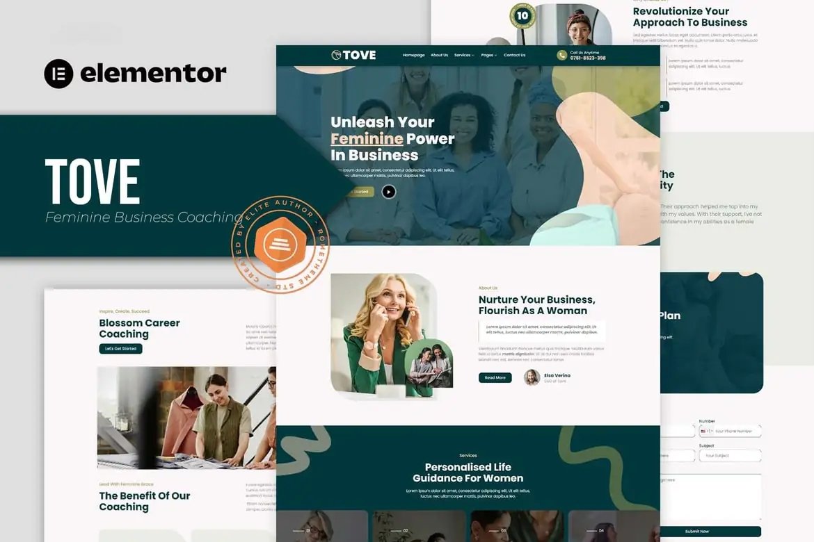 Tove - Kit de plantillas Elementor para coaching empresarial femenino