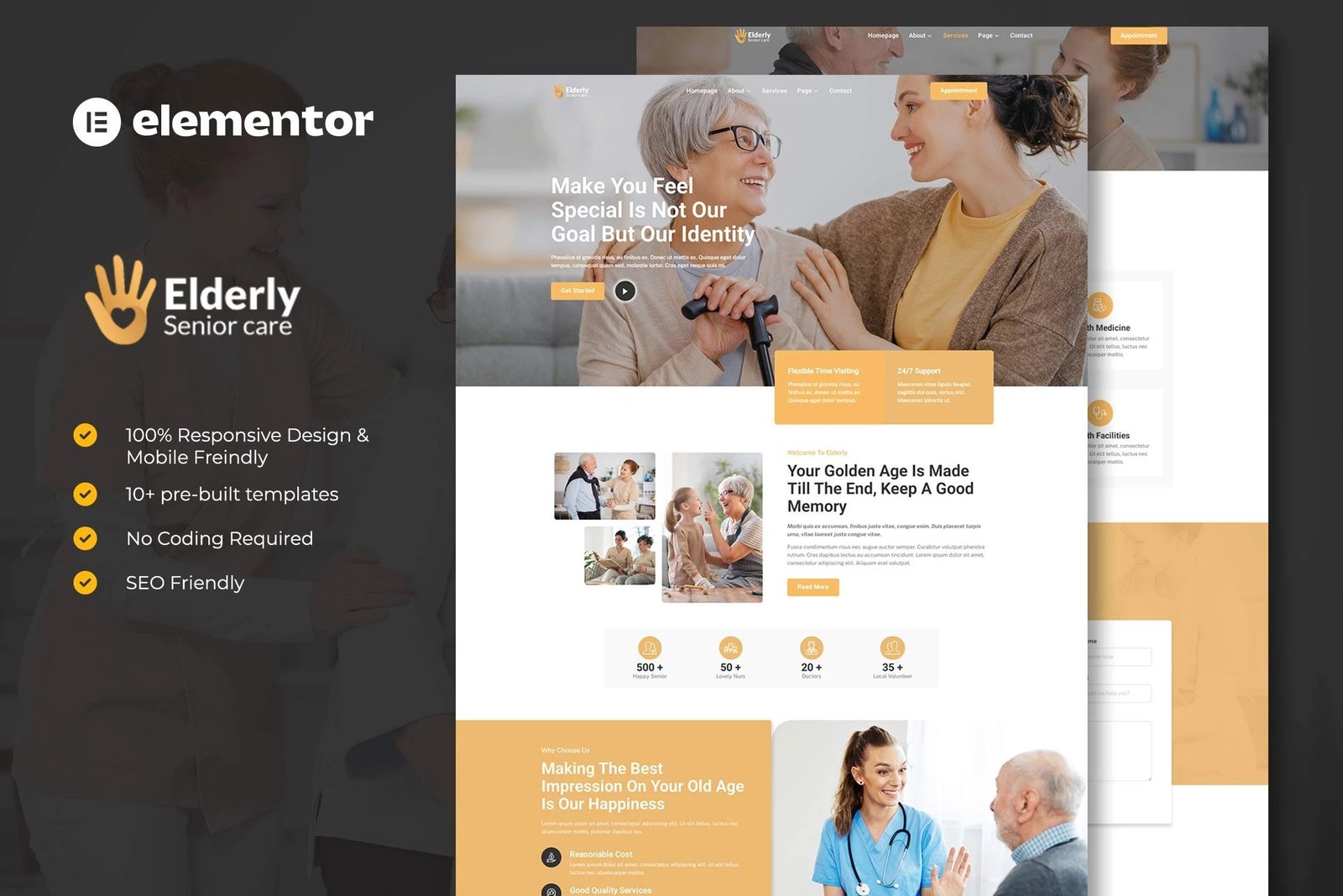 Ancianos kit de plantillas Elementor para servicios de cuidado de personas mayores