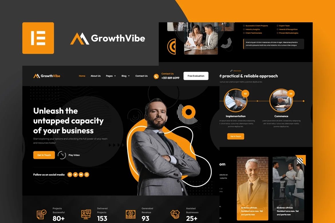 Growth Vibe - Kit de plantillas Elementor Pro para consultoría empresarial