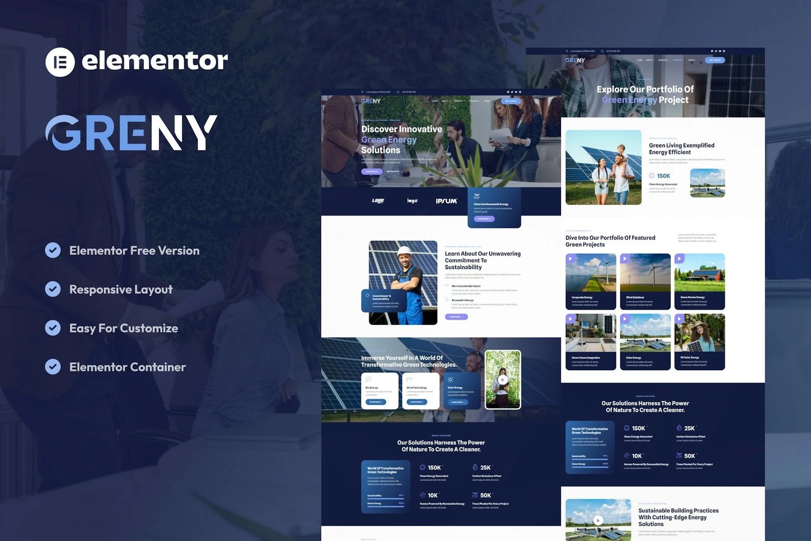 Greny - Kit de plantillas Elementor para energía solar y renovable