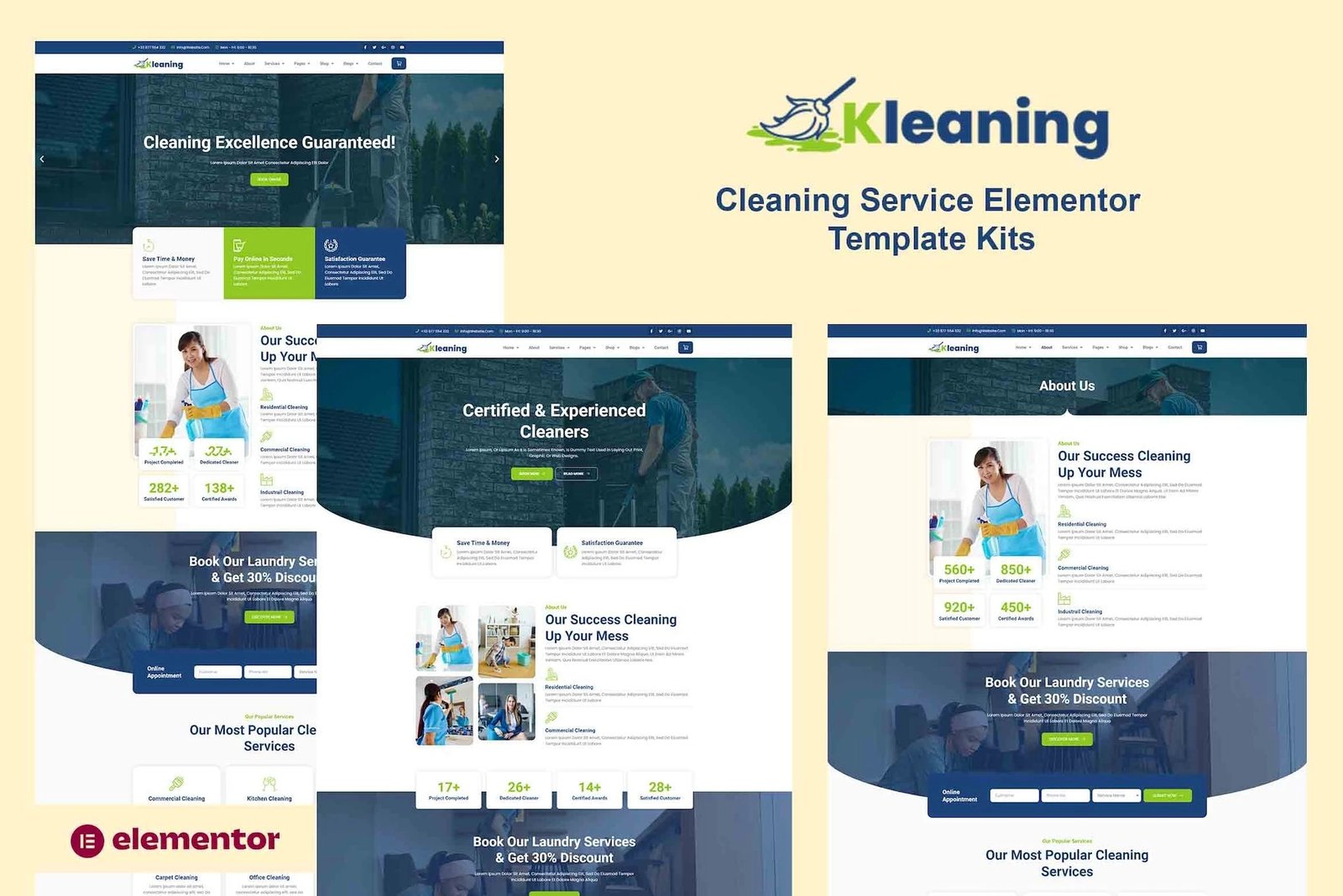 Kleaning - Kit de plantillas Elementor Pro para servicio de limpieza