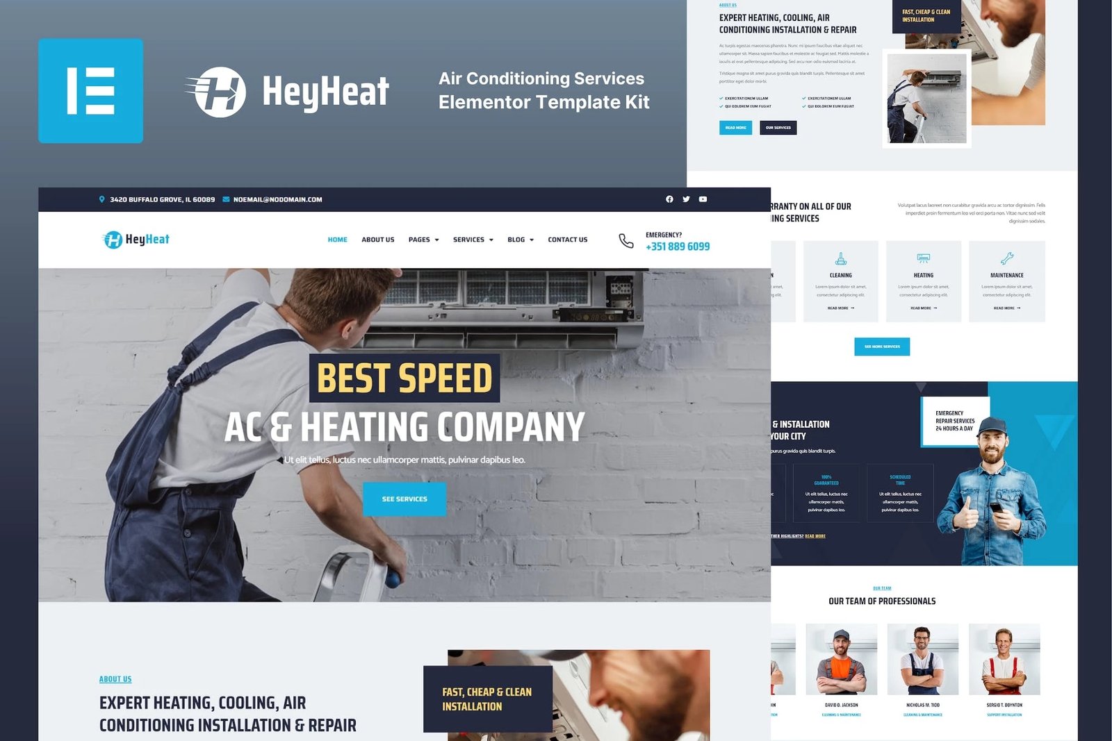 HeyHeat - Kit de plantillas Elementor Pro para servicios de aire acondicionado