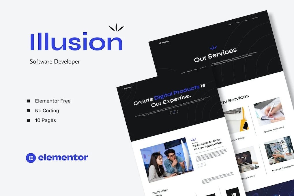 Illusion kits de plantillas Elementor para desarrolladores de software