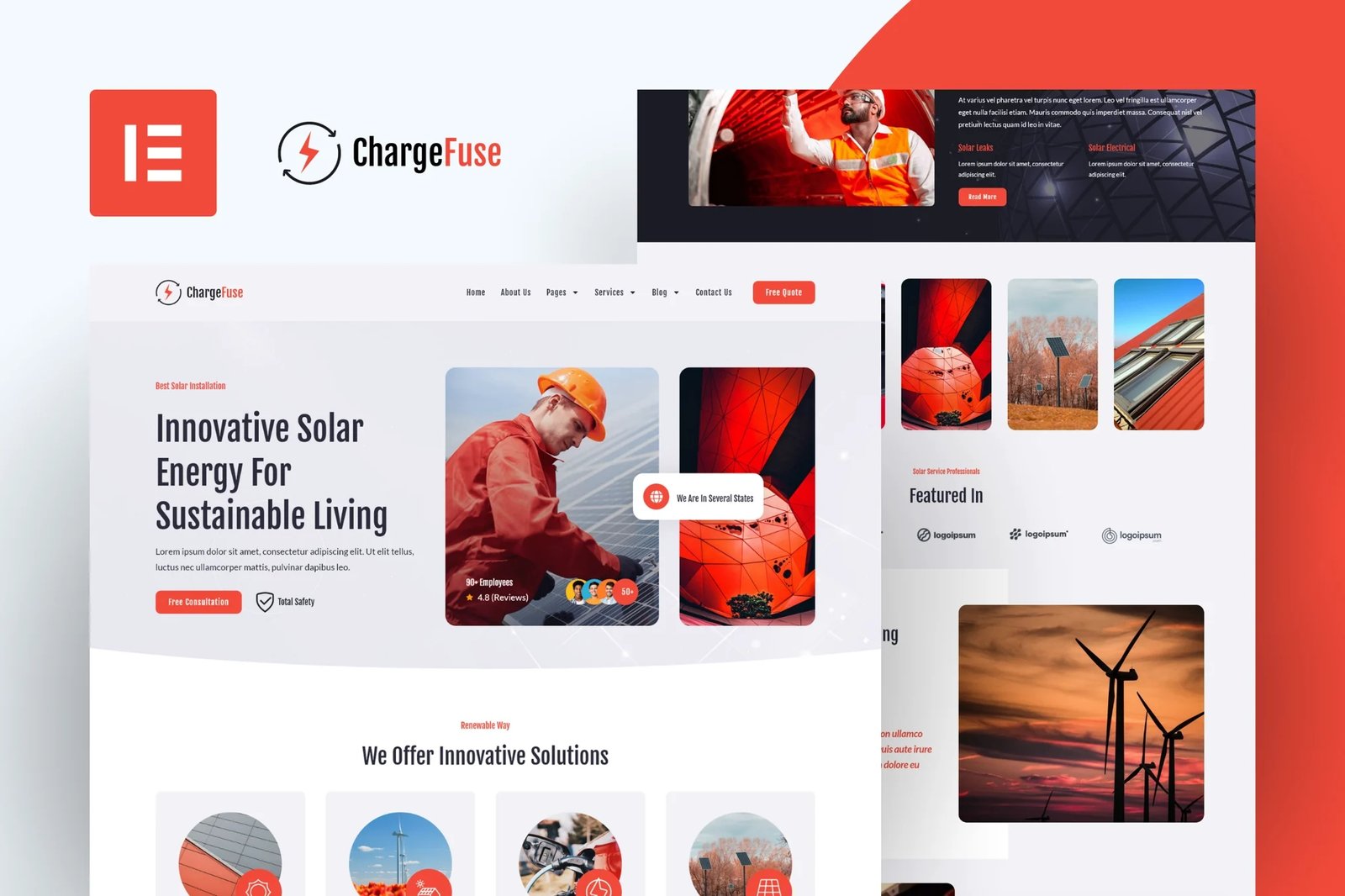 ChargeFuse - Kit de plantillas Elementor Pro para instalación y mantenimiento de paneles solares